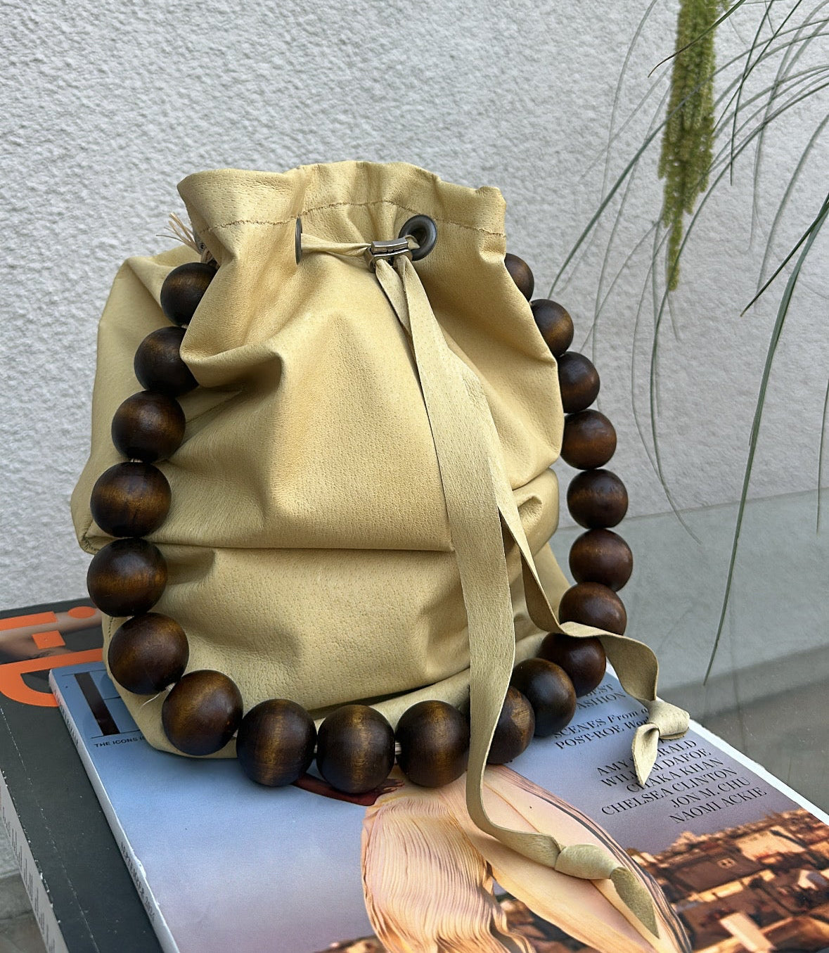 Leather Beaded Bucket Bag